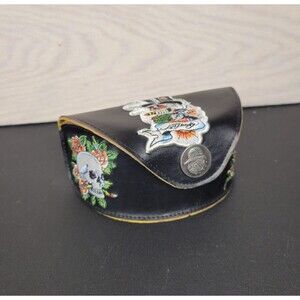 Ed Hardy Leather EyeGlass Case Embroidered Skull Magnetic Closure Tattoo Eyewear